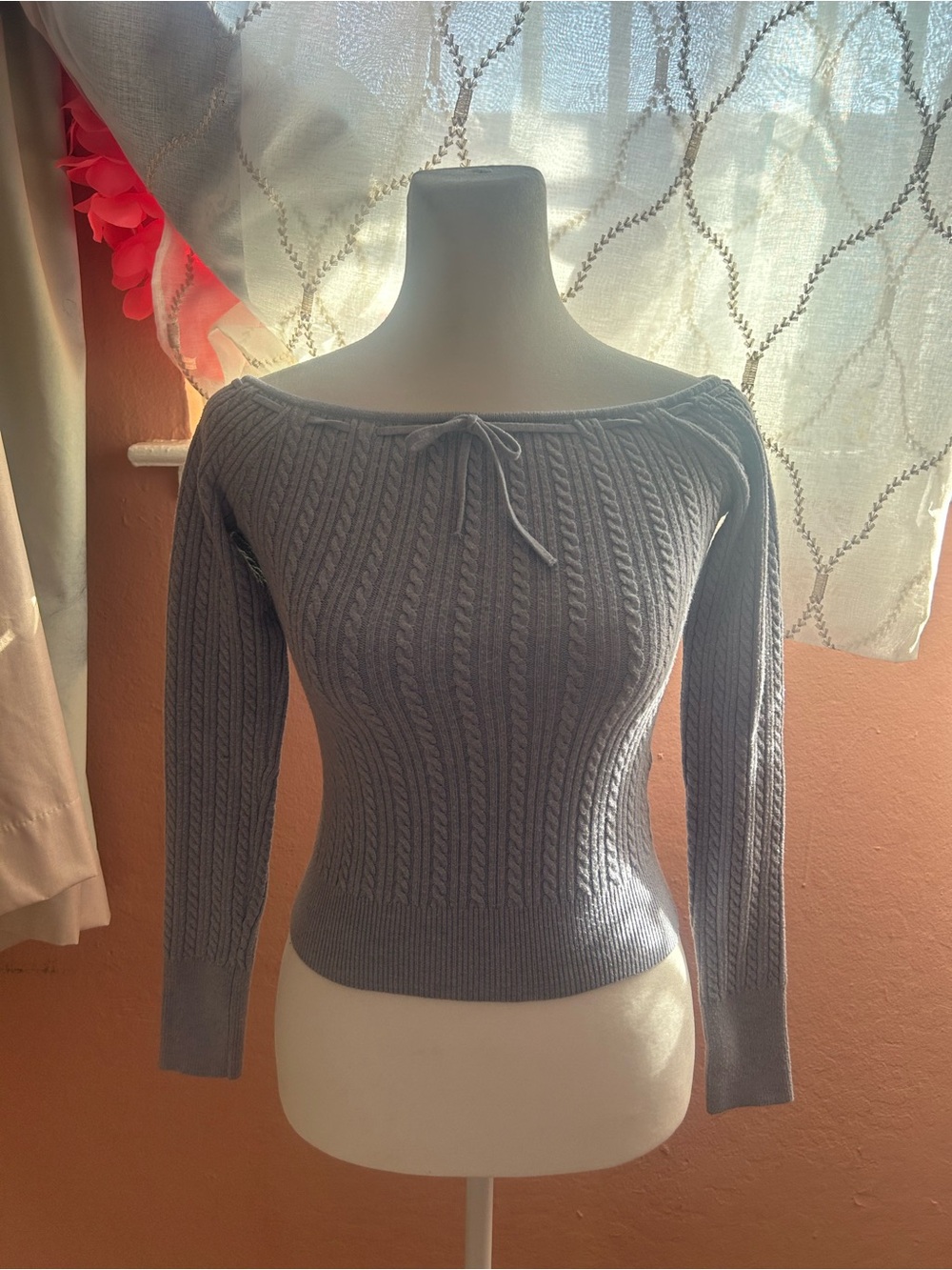Hollister Light Blue Off-the-Shoulder Cable Knit Sweater